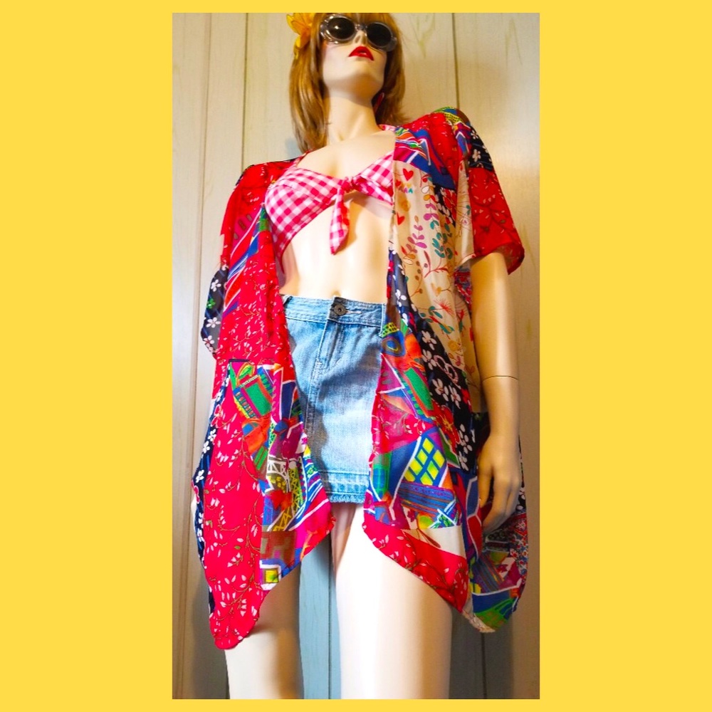 🌺Beach Babe Boho Floral Patchwork Chiffon Swim Coverup Wrap O/S